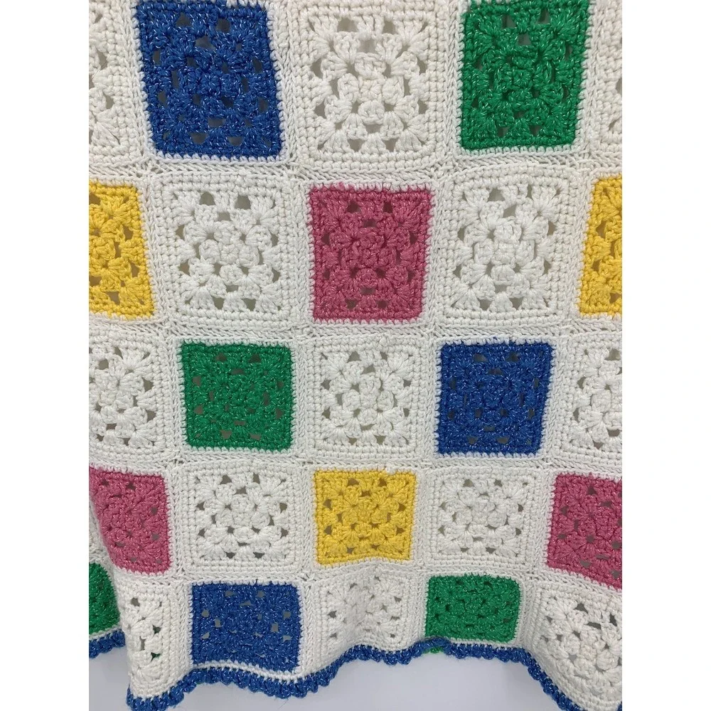 Vintage Handmade Crochet Baby Blanket Afghan Granny Square 44